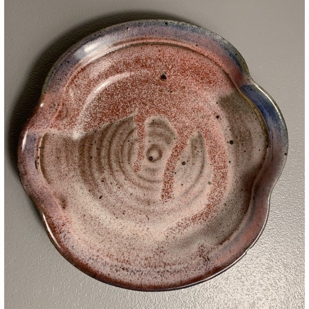 Studio Pottery Dish Saucer Plate Wavy Blue Red Glaze Signed M. Howard 6.5"